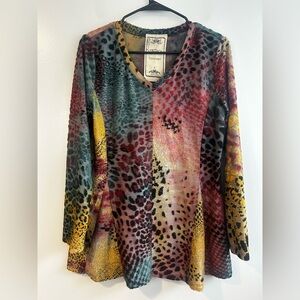 Vintage Concept Multicolor Animal Print Long Sleeve Tunic Boho Top Size Small